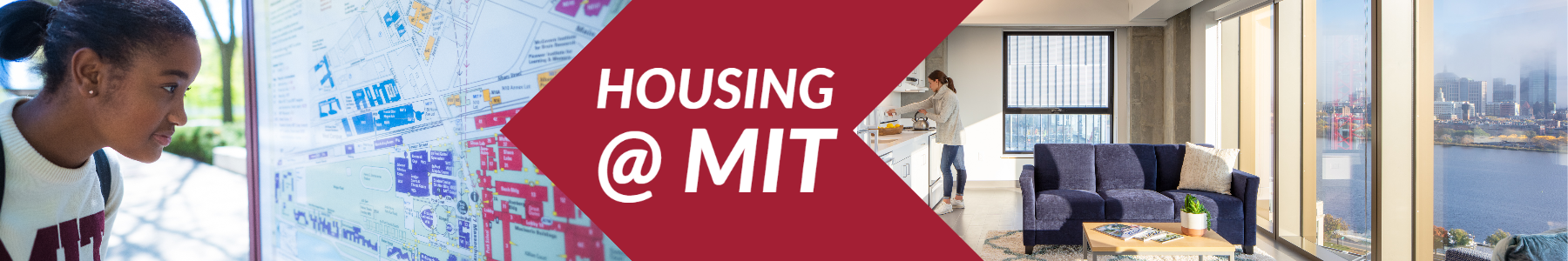Image of person looking at a campus map and an image of a one bedroom apartment within the Graduate Tower at Site 4 with the text "Housing @ MIT"
